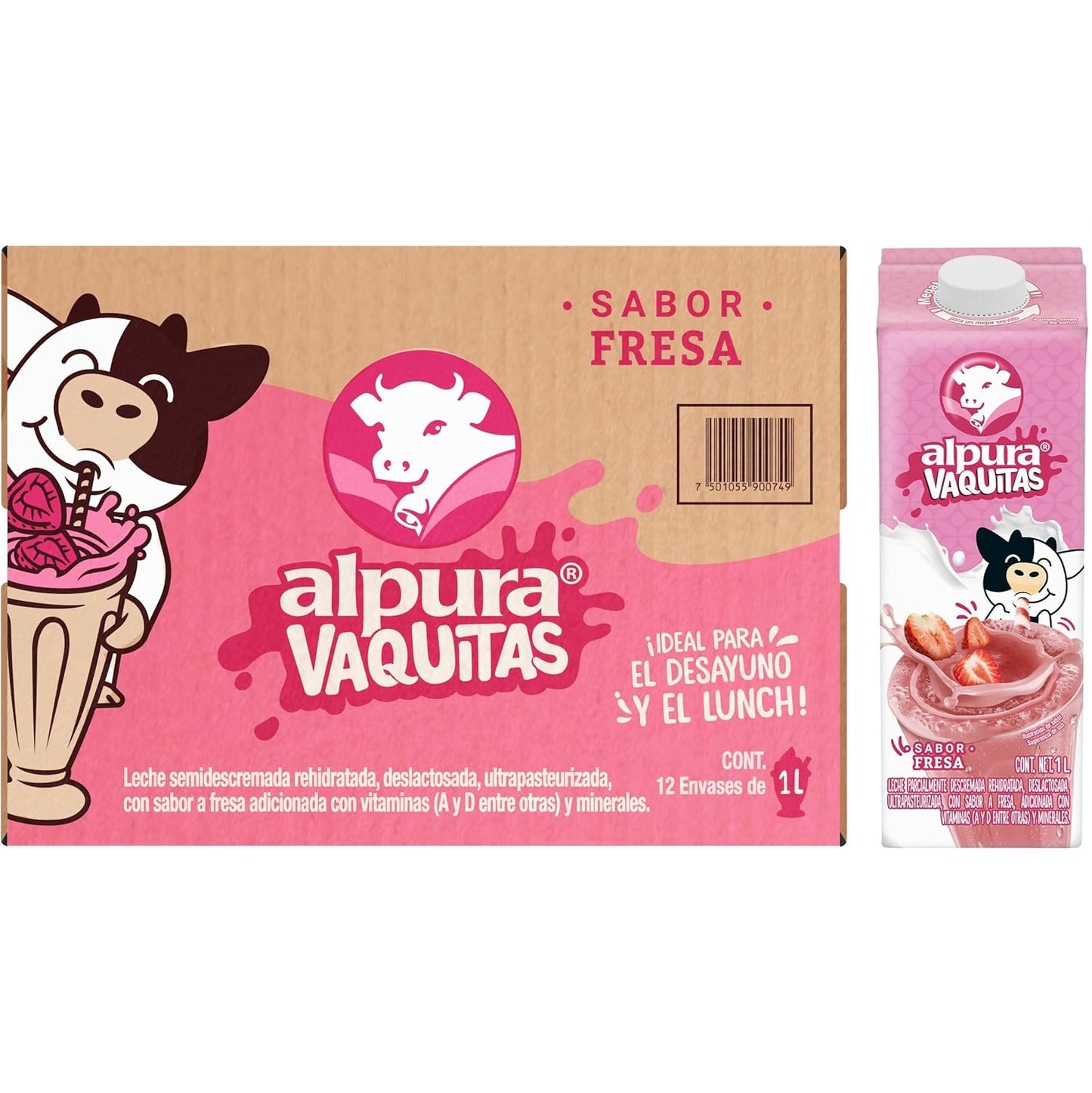 Media Caja Leche Alpura Vaquitas Sabor Fresa 1L × 6 pzs