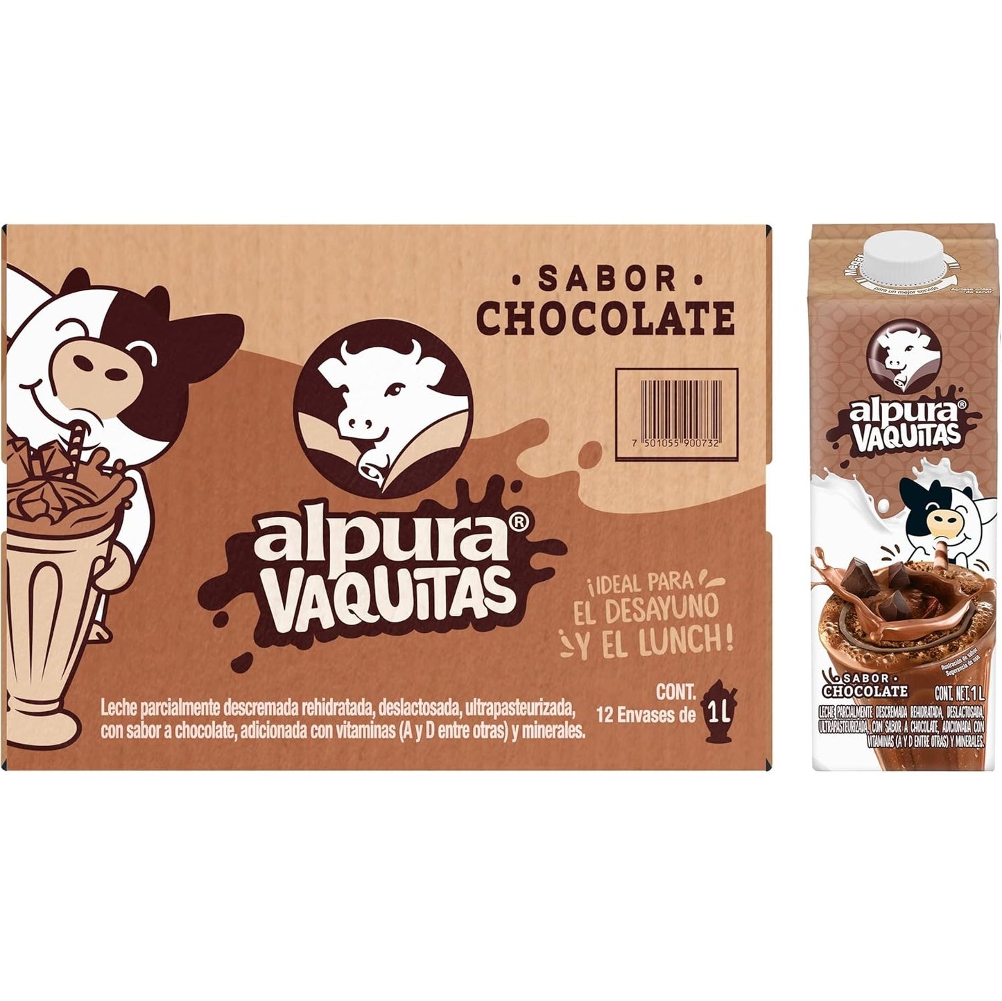 Media Caja Leche Alpura Vaquitas Sabor Chocolate 1L × 6 pzs