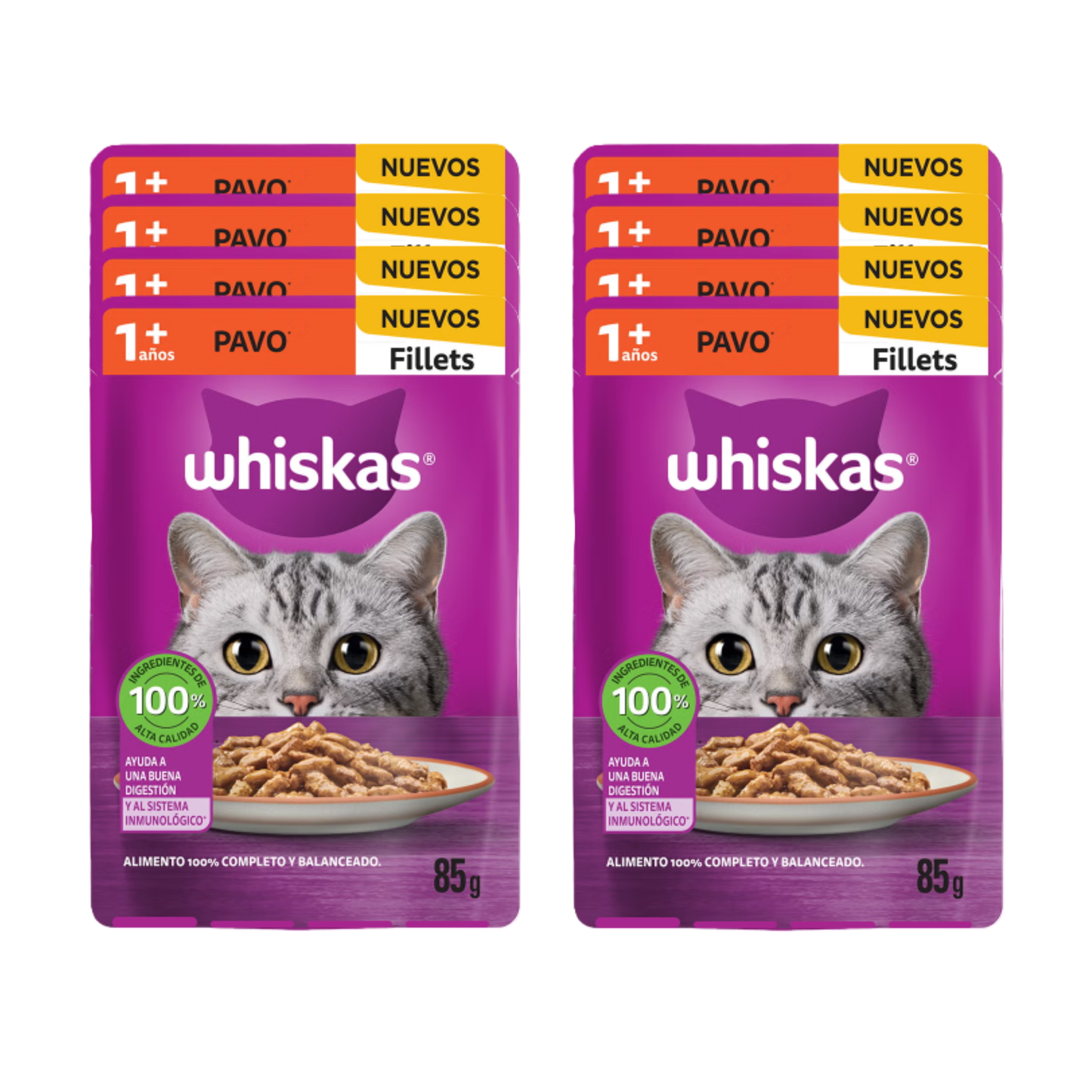 Sobres Whiskas para Gato Adulto Pavo 85g × 8 pzs