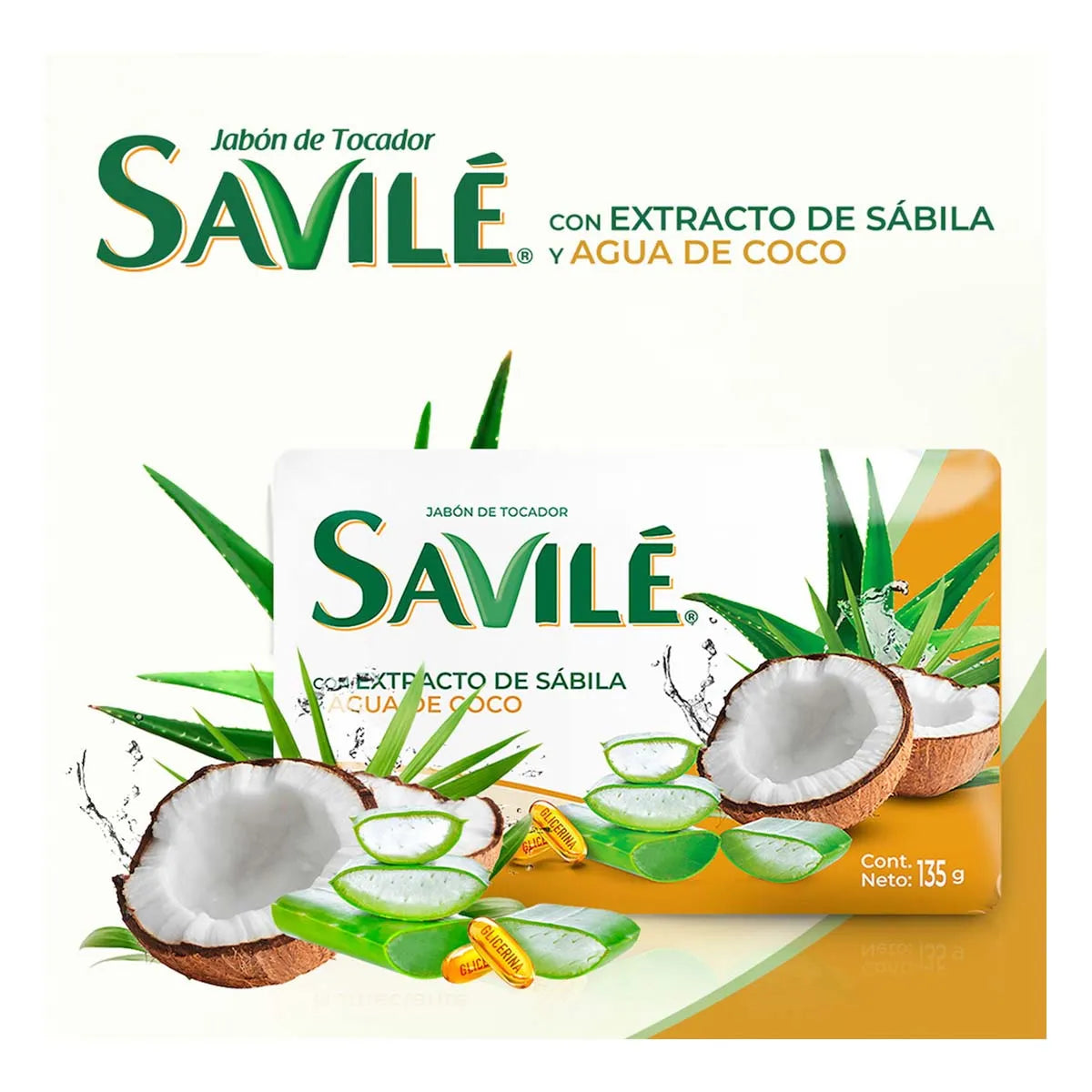 Jabón Savilé Extracto de Sábila y Agua de Coco 135g × 12 pzs