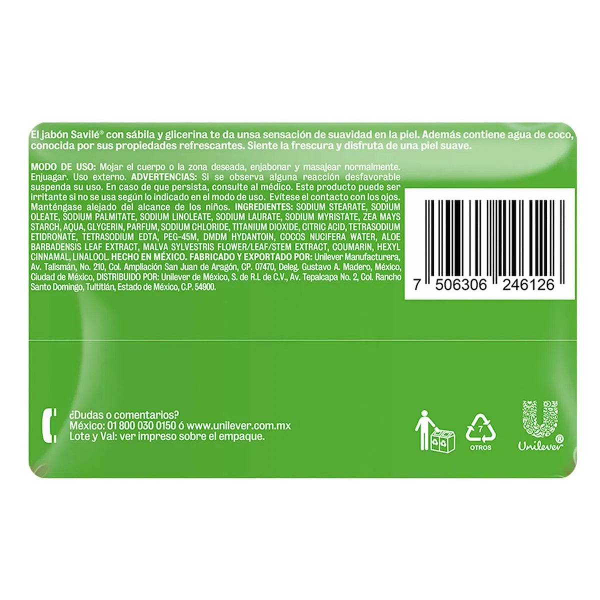Jabón Savilé Extracto de Sábila y Agua de Coco 135g × 12 pzs