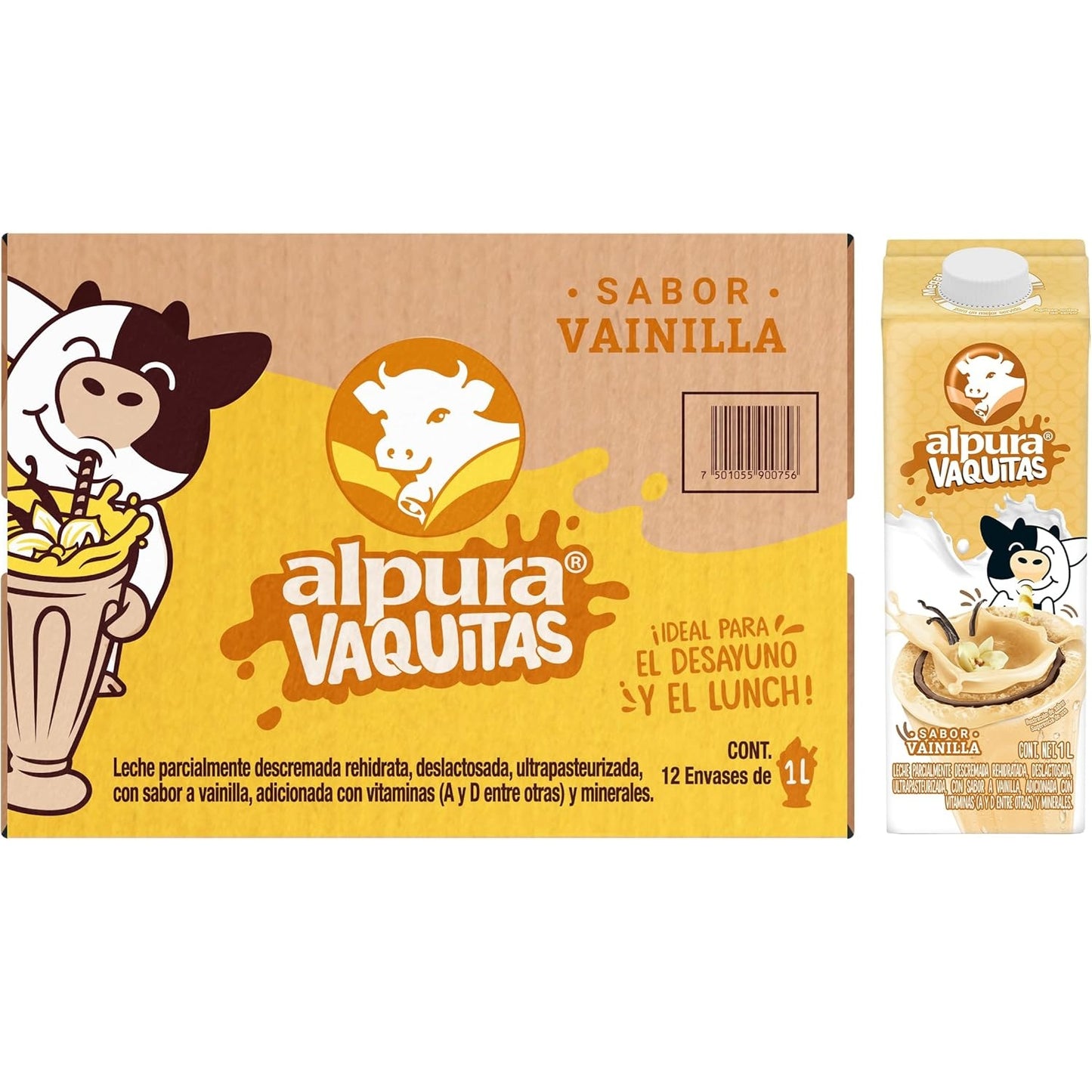 Media Caja Leche Alpura Vaquitas Sabor Vainilla 1L × 6 pzs