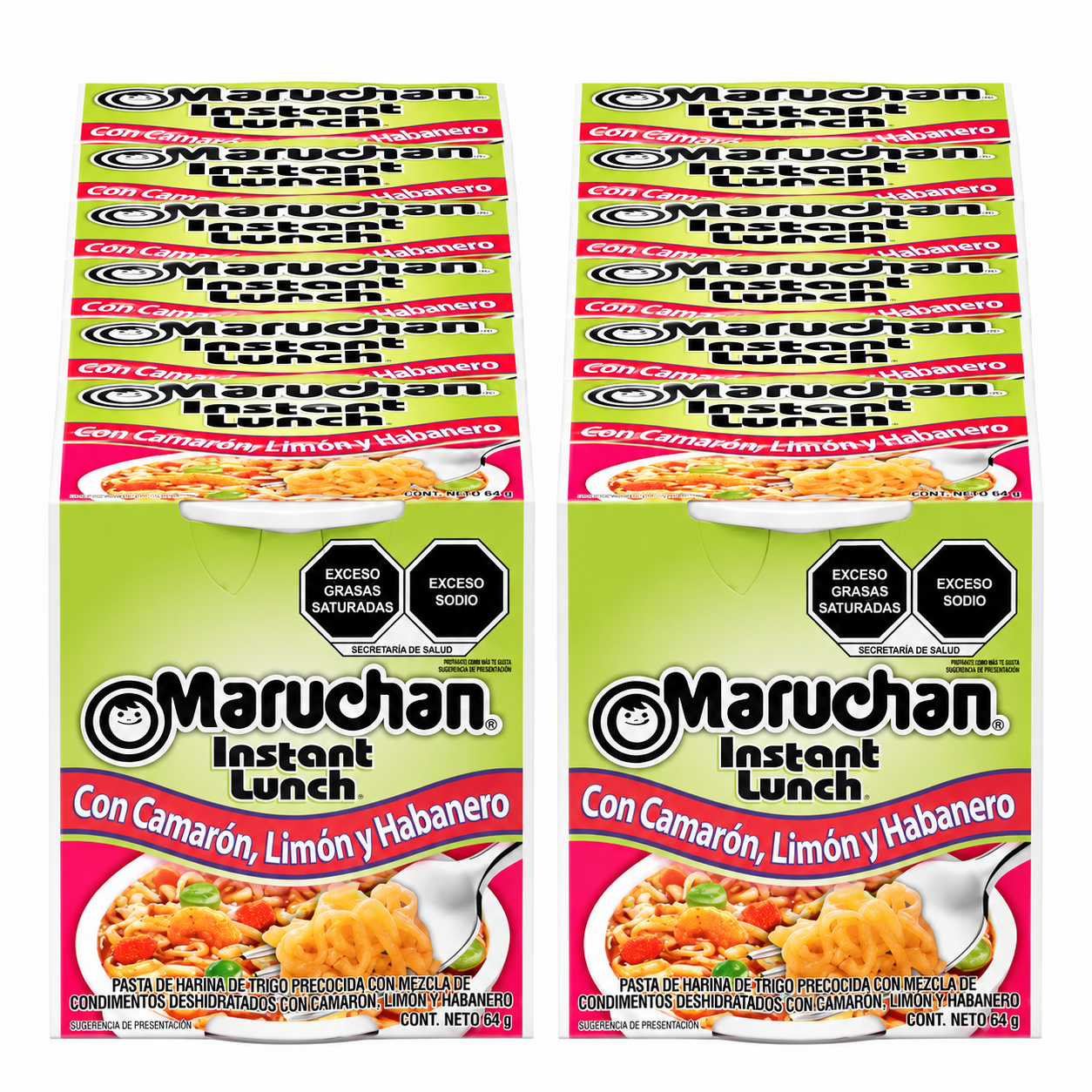 Caja Completa Maruchan Con Camarón, Limón y Habanero 64g × 12 pzs
