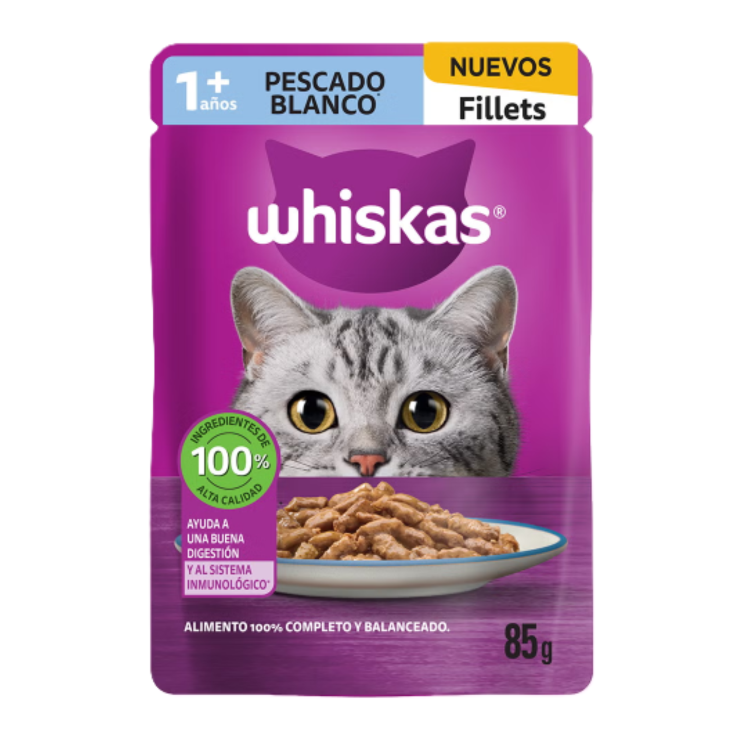 Sobres Whiskas para Gato Adulto Pescado Blanco 85g × 8 pzs