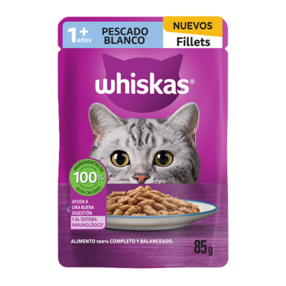 Sobres Whiskas para Gato Adulto Pescado Blanco 85g × 8 pzs