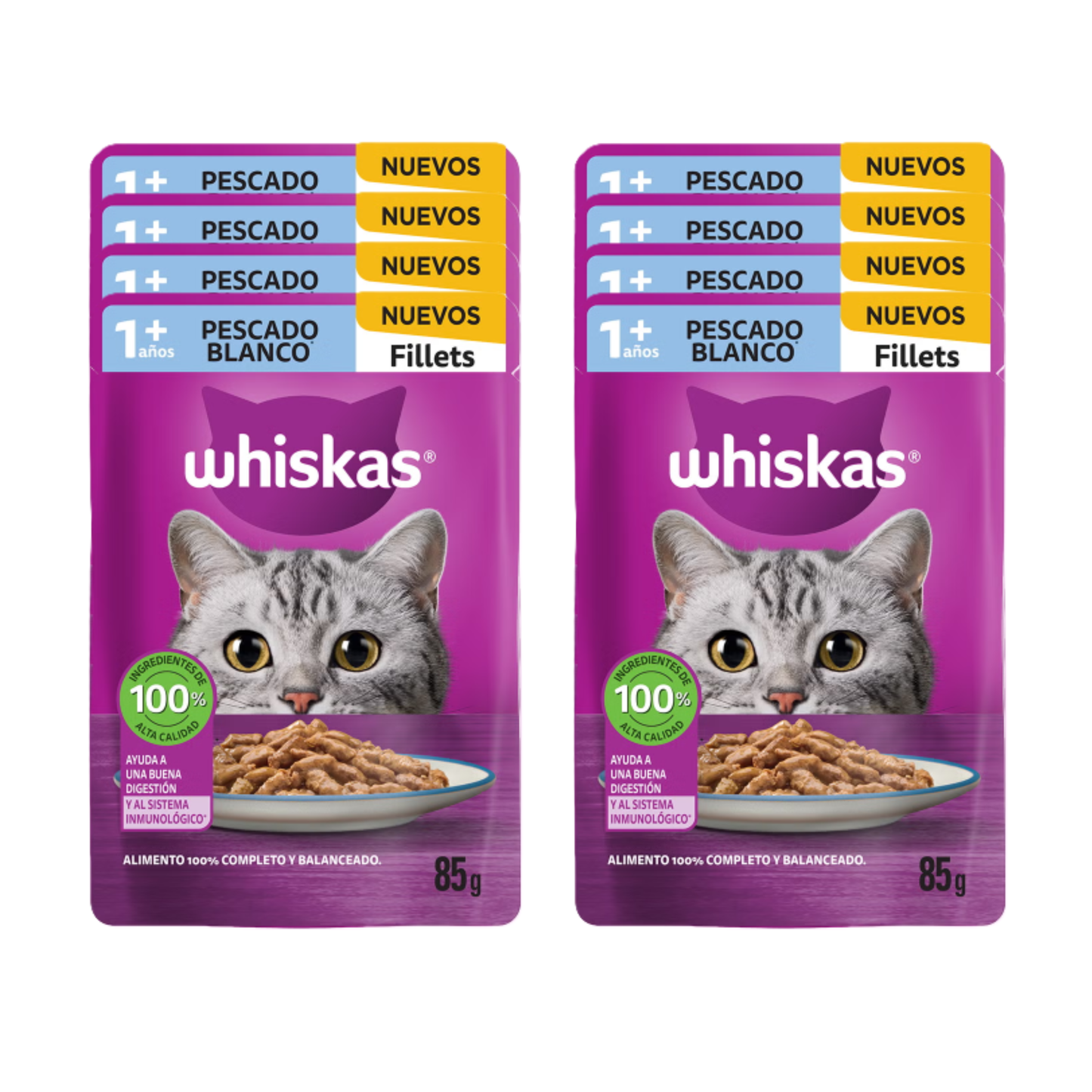 Sobres Whiskas para Gato Adulto Pescado Blanco 85g × 8 pzs